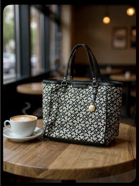 Tommy Hilfiger Black and Cream Monogram Tote with Gold Charm